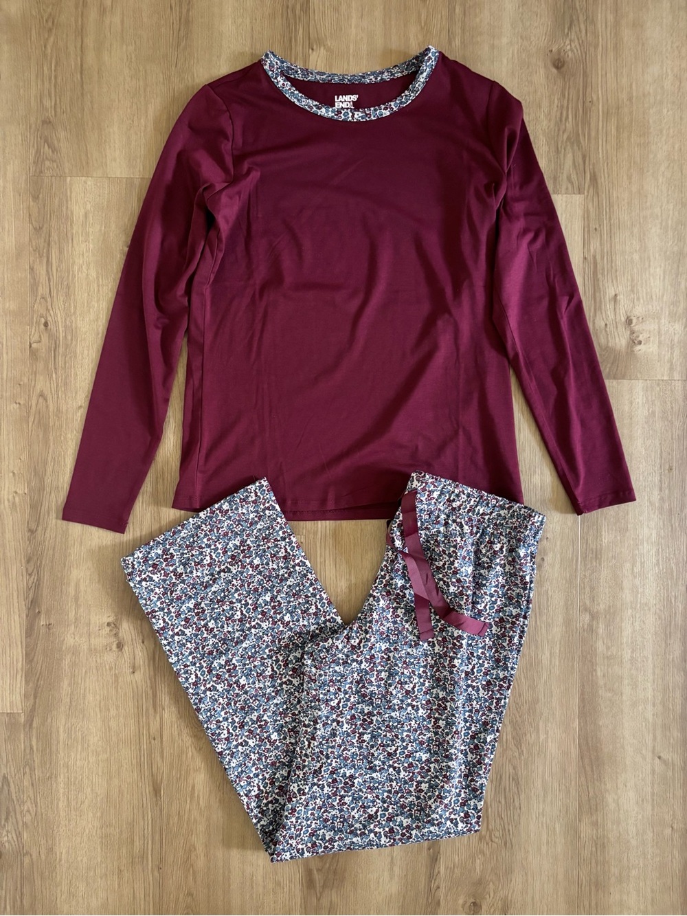 Lands' End Burgundy Long-Sleeve Top with Floral Print Pajama Pants